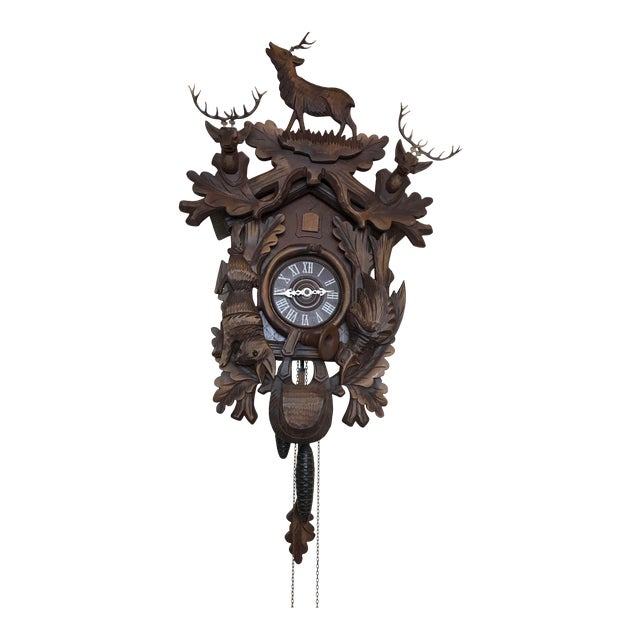 Large Hand Made German Black Forest Cuckoo Clock Rabbit, Bird Stag Horn