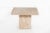 Travertine side table, beveled edge, fully filled and polished. Top securely fits on base and is held gravitationally.