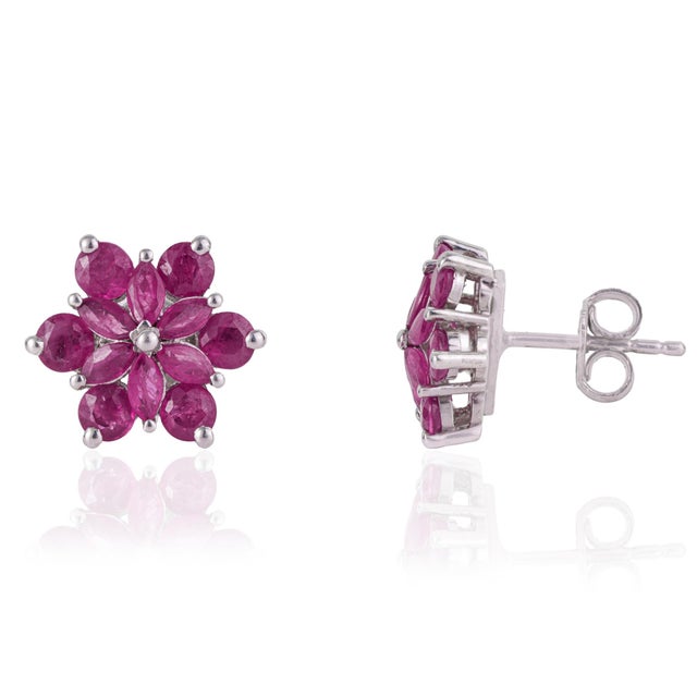 2.9 TCW Natural Ruby Rosette Flower Stud Earrings - Birthday Gift, a Pair For Sale - Image 6 of 10