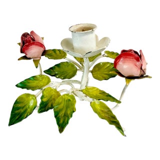 1950s Italian Boho Chic Tole Hand Painted Candle Holder With Two Red Roses For Sale