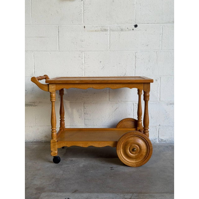 Brown Oak Two-Tier Rolling Bar Cart Danish Mid-Century Modern Serving Trolley 1970s For Sale - Image 8 of 10