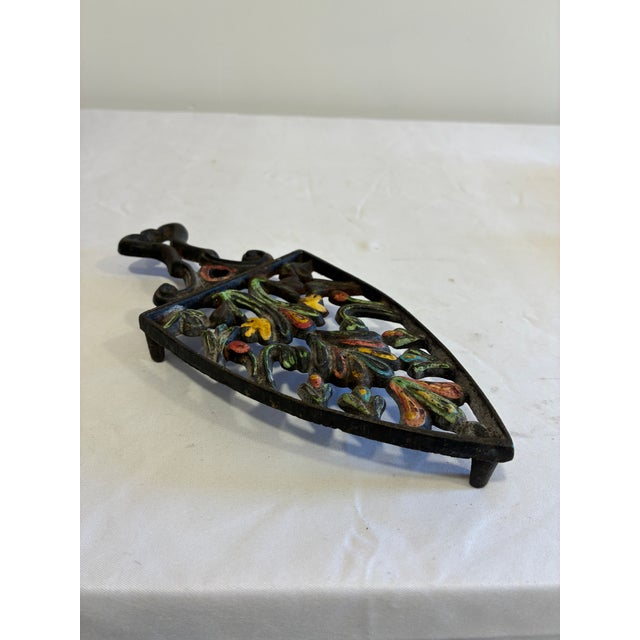 Mid-Century Modern Vintage Wilton Hand Painted Cast Iron Floral Wall Trivet For Sale - Image 3 of 8