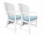 Charming pair of vintage white wicker rattan armchairs featuring a classic coastal silhouette with gently curved arms and...