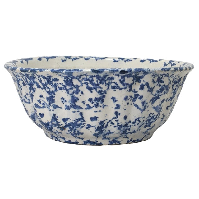 Large 11 1/2 Inch Size Antique American Blue Spongeware Decorated Stoneware Kitchen Mixing Bowl For Sale - Image 13 of 13