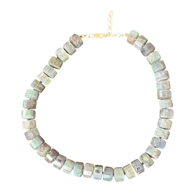 Metal Grand Labradorite Necklace With Blue Sapphires & 14k Gold For Sale - Image 7 of 8