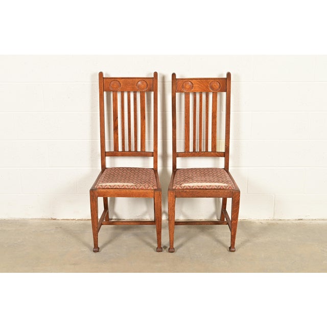 English Stickley Brothers Style Antique English Arts & Crafts Carved Oak High Back Side Chairs or Dining Chairs, Pair For Sale - Image 3 of 8