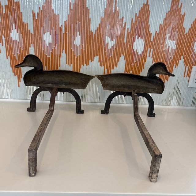 Metal Pair of Vintage Brass Duck Andirons For Sale - Image 7 of 10