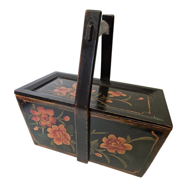 Beautiful Hand Painted Chinese Wooden Handled Box For Sale