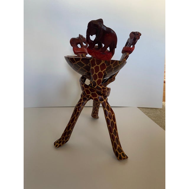 African Vintage African Tribal Unity Sculpture Bowl Holder Handcarved Wooden Stand For Sale - Image 3 of 12