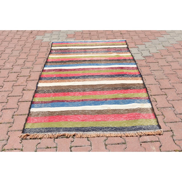 1960s Bohemian Style Turkish Striped Design Colorful Wool Oushak Kilim Rug For Sale - Image 12 of 12