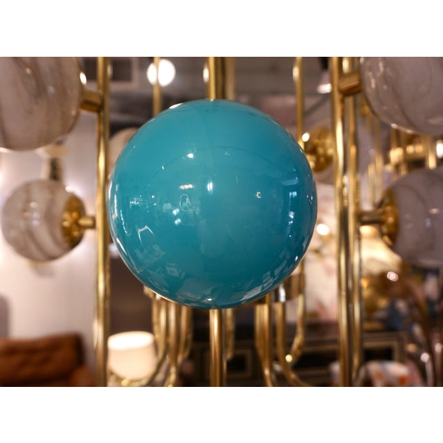 Bespoke Italian Alabaster White Murano Glass Brass Curved Globe Chandelier For Sale - Image 11 of 12