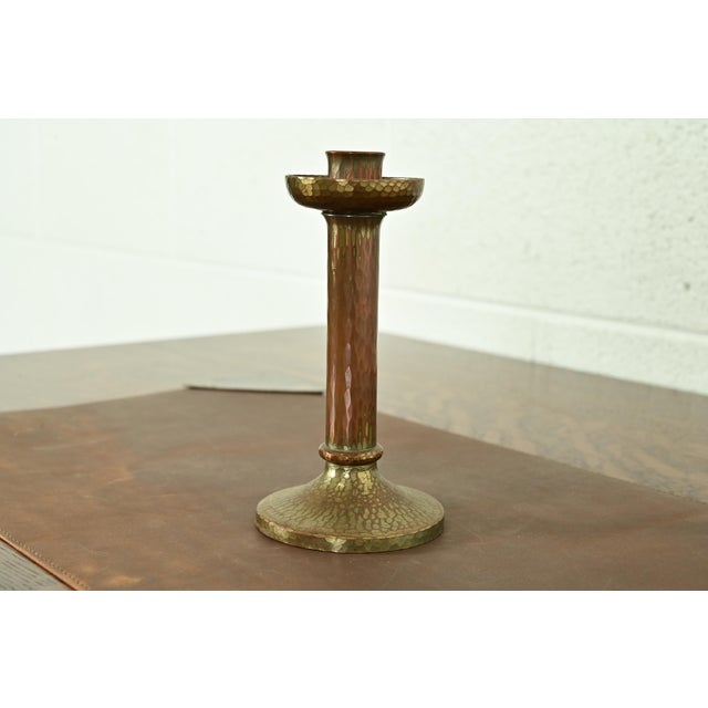 Art Deco Roycroft Arts & Crafts Brass Finished Hammered Copper Candlestick For Sale - Image 3 of 13