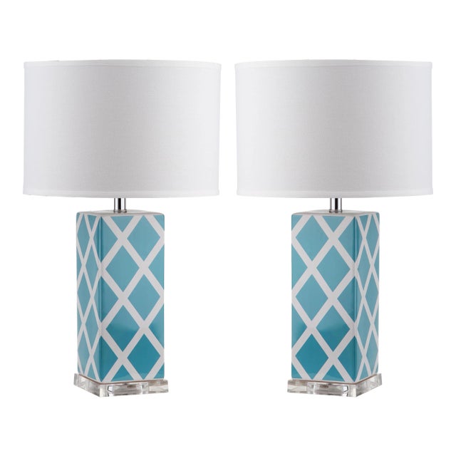 27 Inch H Lattice Table Lamp in Light Blue - a Pair For Sale