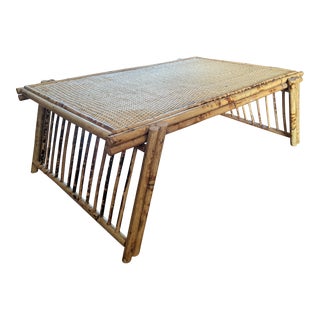Vintage Tortoiseshell Scorched Bamboo Woven Rattan Folding Bed Tray For Sale