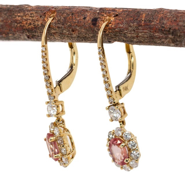 Ceylon Padparadscha Sapphire Diamond Earrings in Solid 14k Gold | Oval 6x4mm For Sale - Image 4 of 7