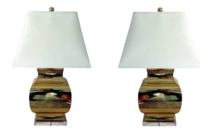 Large Modern geometrical urn shape Brass Lamps - Pair