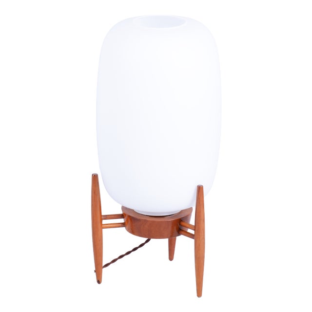 Mid-Century Czech Table Lamp in Opaline Glass and Wood attributed to Úluv Krásná Jizba, 1950s For Sale