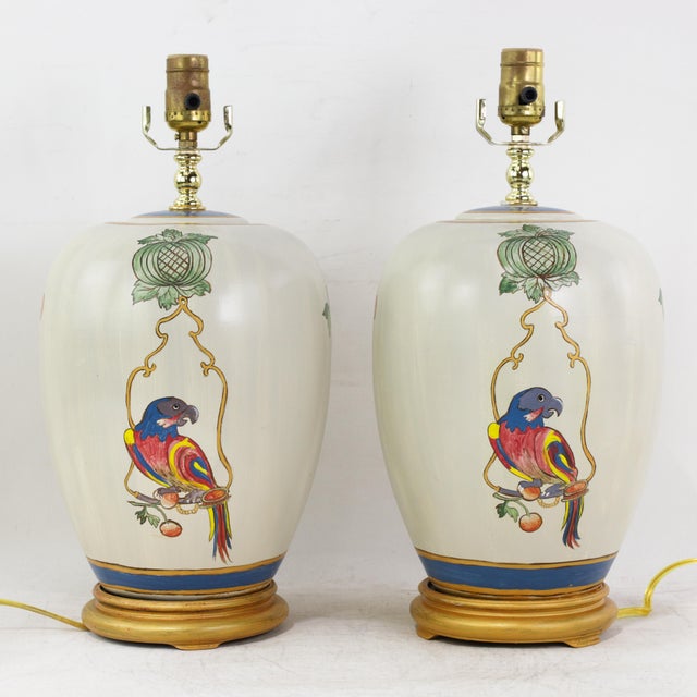 Vintage Hand-Painted Chinoiserie Ceramic Parrot and Cherry Table Lamps - a Pair For Sale - Image 13 of 13