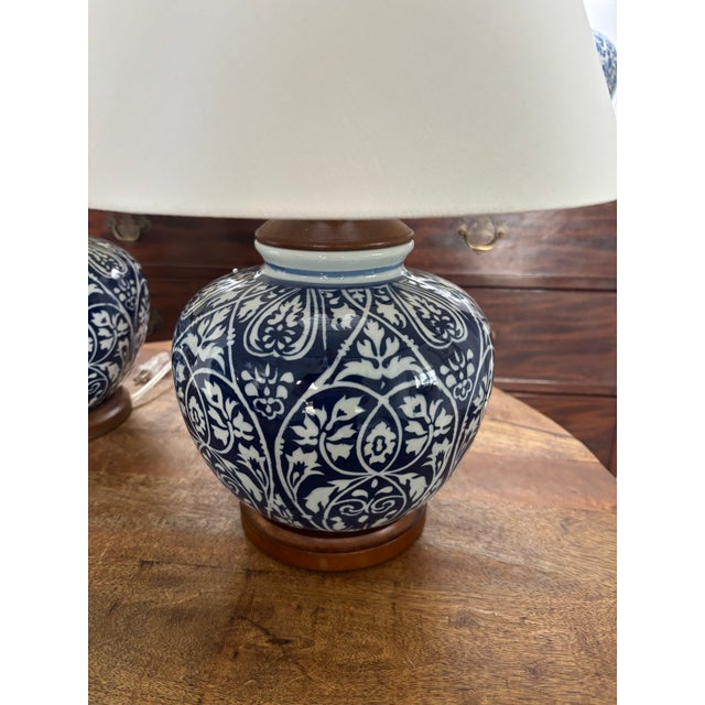 Ceramic Contemporary Ralph Lauren Blue and White Cobalt Ikat Ginger Jar Lamps With White Line Shades - a Pair For Sale - Image 7 of 10