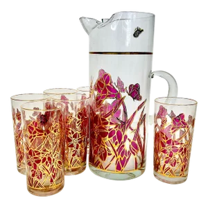1960s Vintage Hollywood Regency Tom Collins Pitcher Set, West Virginia Glass Co - 7 Pieces.