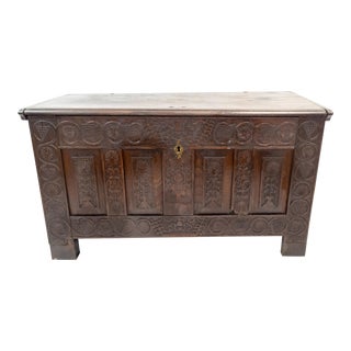 17th Century English Jacobean Gothic Style Carved Oak Blanket Chest Trunk For Sale
