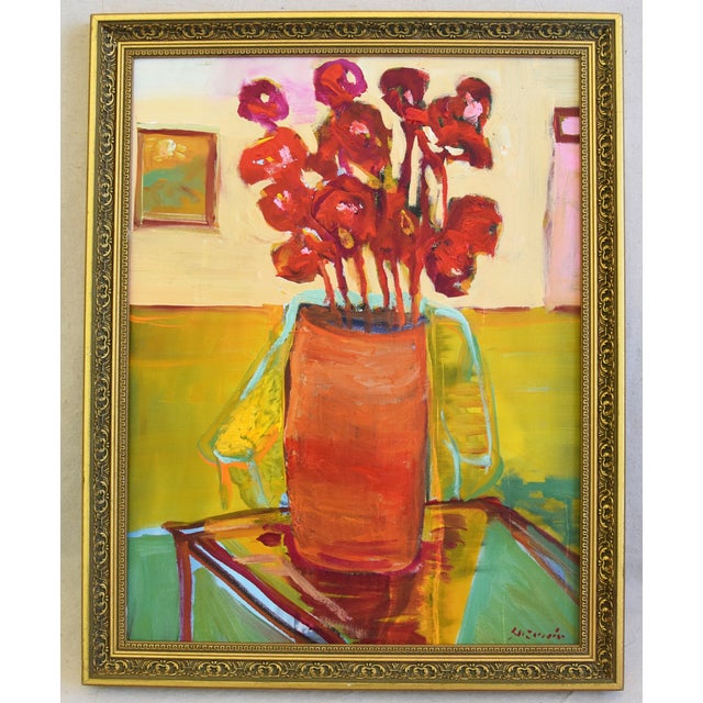 Original Juan Pepe Guzman Floral W/Red Flowers Oil Painting For Sale - Image 9 of 10