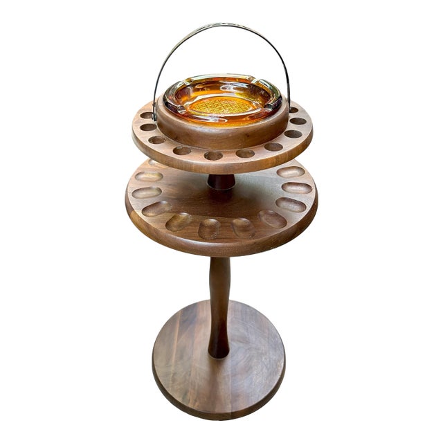 1960s Decatur Industries Free Standing Walnut Pipe Stand With Glass Ashtray For Sale