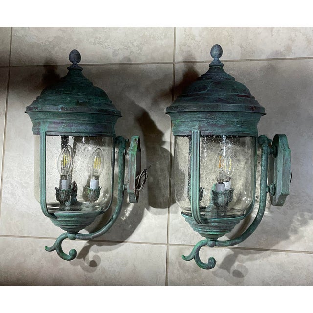 Green Pair of Vintage Solid Brass Wall Lanterns /Sconces 22”x10”x11”.5 For Sale - Image 8 of 16