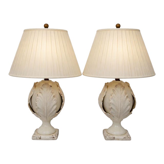 Chelsea House French Style Acanthus Leaf Pottery Table Lamps - Pair For Sale