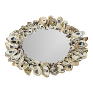 1970sReduced- Coastal Grotto Oyster Shells Encrusted Round Mirtor For Sale