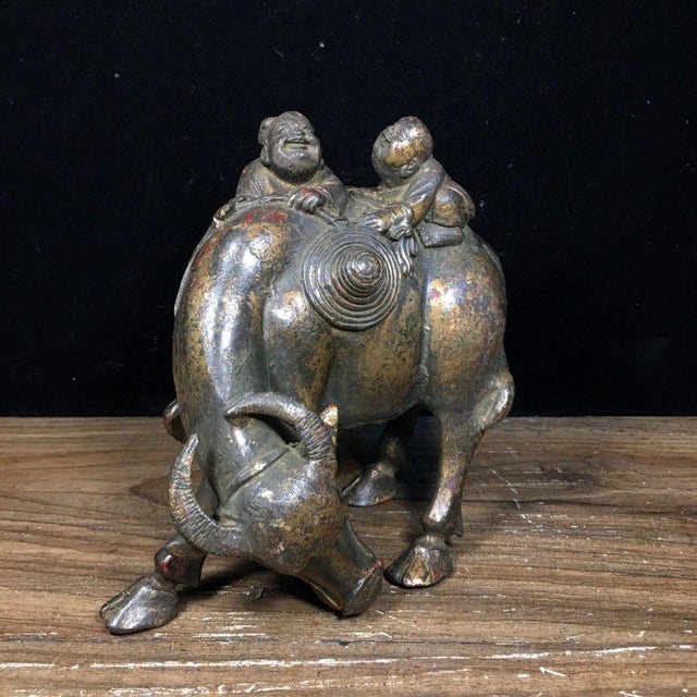 Vintage Solid Bronze Figurine of a Boy and Water Buffalo For Sale In Los Angeles - Image 6 of 7