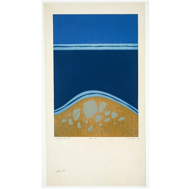 Woodcut by Rockport artist Roger Martin (1925-2015) "Beach" woodcut on thin paper, pencil signed, titled, dated 1973 and...