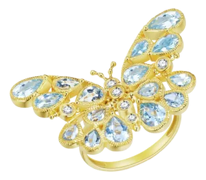 Nina Zhou Butterfly Aquamarine Diamond Cocktail Ring in 14k Yellow Gold, Size 6