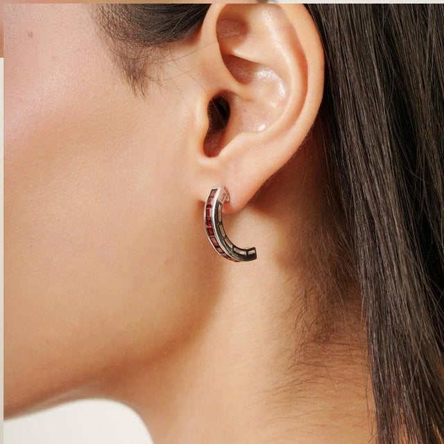 Contemporary Red Garnet Channel Set Hoop Earrings in 925 Sterling Silver for Her, A Pair For Sale - Image 3 of 11