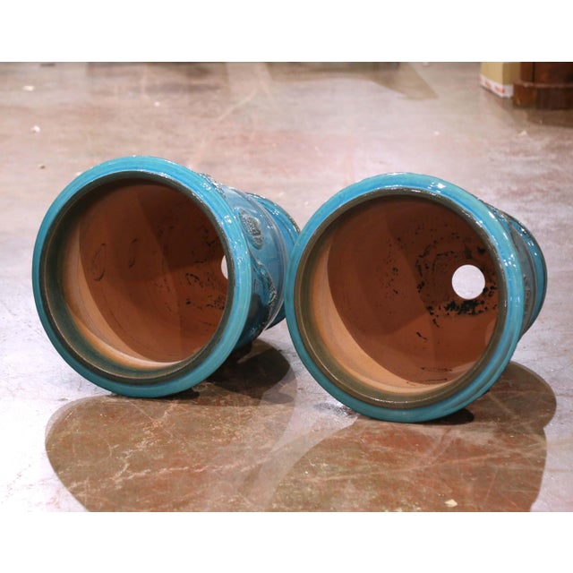 Turquoise Pair of French Turquoise Glazed Terracotta Planters by La Madeleine in Anduze For Sale - Image 8 of 12
