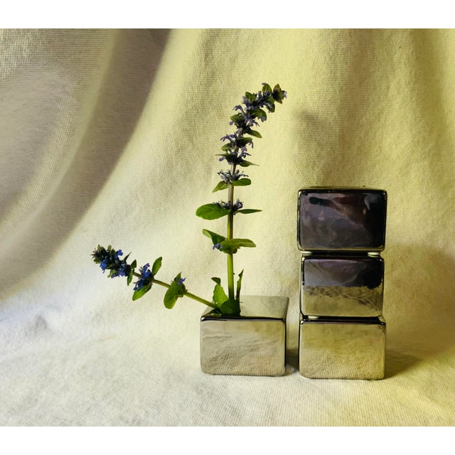 Early 21st Century Set of 4 Silver Glazed Cube Form Ikebana Vases - Japanese Porcelain For Sale - Image 5 of 12