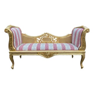 1960s French Louis XVI Gold Beech Cane Damask Settee For Sale
