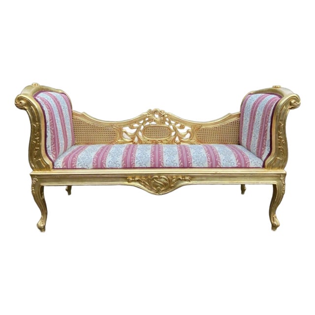 1960s French Louis XVI Gold Beech Cane Damask Settee For Sale