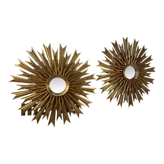 Set of 2, 1970s Vintage Italian Sunburst Gilded Wall Mirror For Sale