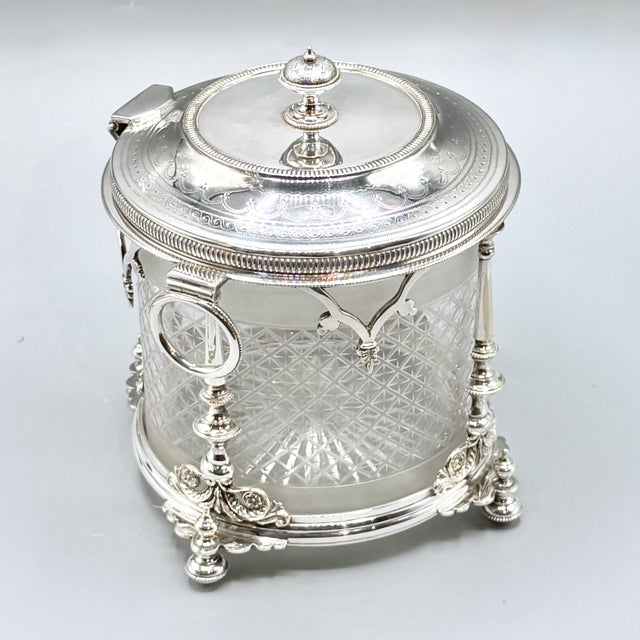 Glass Antique Edwardian English Biscuit Barrel with Silver Plated and Cut Glass Liner, England, 1900 For Sale - Image 7 of 18