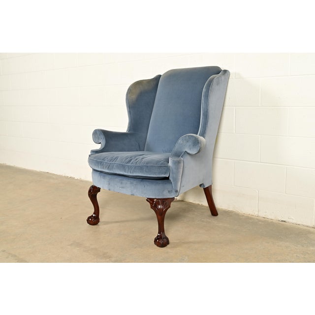 English Kindel Furniture Chippendale Carved Mahogany Blue Velvet Upholstered Wingback Lounge Chair For Sale - Image 3 of 14