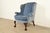 English Kindel Furniture Chippendale Carved Mahogany Blue Velvet Upholstered Wingback Lounge Chair For Sale - Image 3 of 14