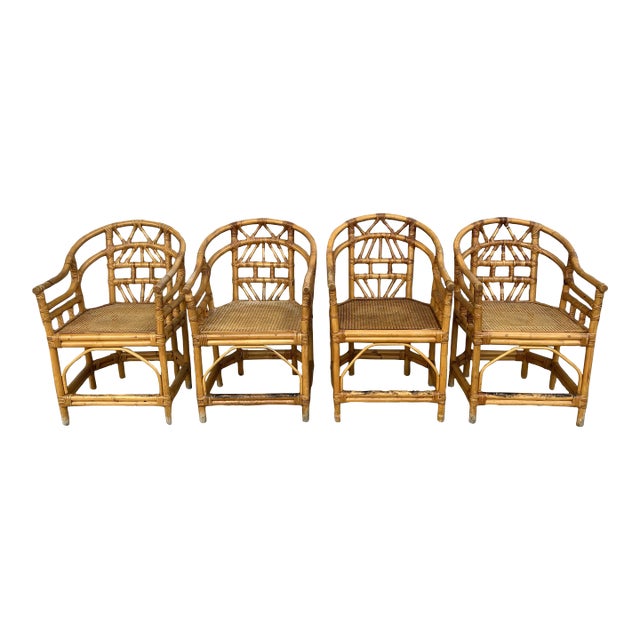 1970's Chinese Ming Style Rattan Arm Chairs - Set of 4 For Sale