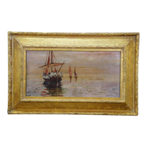 Antique Nautical Maritime Trio of Sailboats Seascape Oil Painting 25"