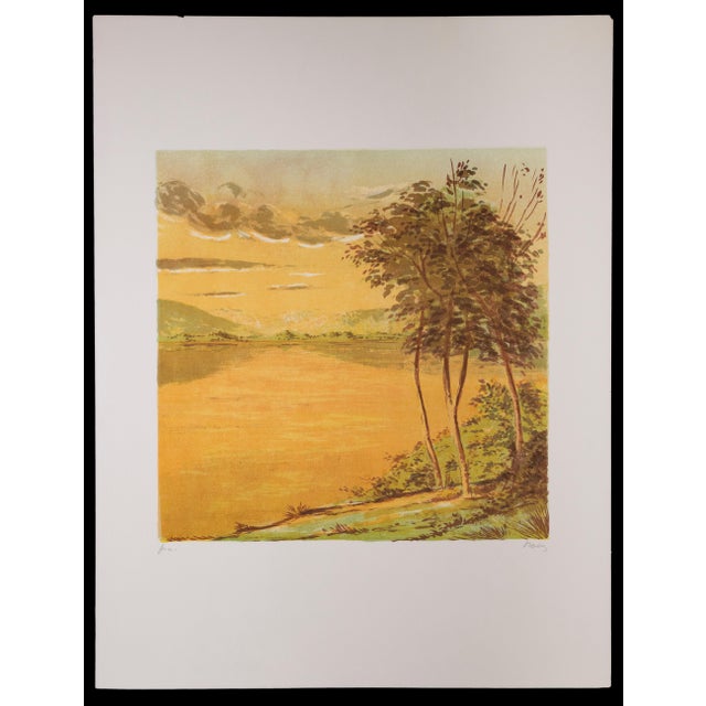 This naturalistic lithograph in warm earthly colors Lake was made by Mario Sportelli in 1970. It is a hand-signed artist's...