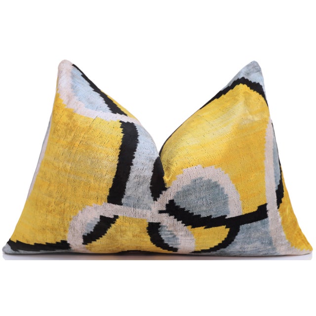 Mid-Century Modern Yellow Abstract Ikat Velvet Lumbar Pillow 16x24 | Handmade Luxury Accent For Sale - Image 3 of 6