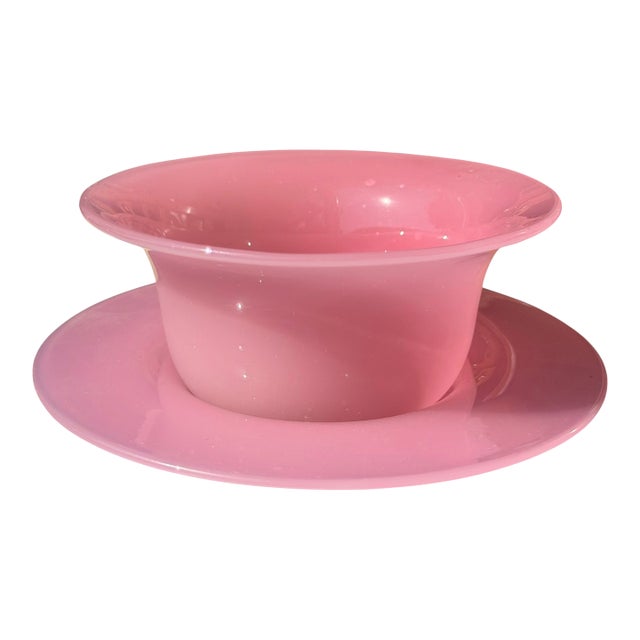 Steuben Pink Opaline or Rosaline Art Glass Finger Bowl & Underplate For Sale