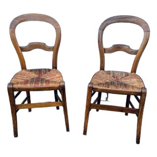 Pair of Antique 19th Century Victorian Style Balloon Back Rush Seat Side Chairs For Sale
