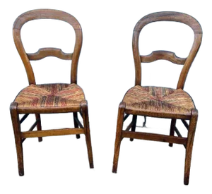 Pair of Antique 19th Century Victorian Style Balloon Back Rush Seat Side Chairs