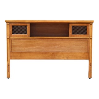 Mid-Century Modern Full Size Bar Headboard – 1970s Vintage Wood Frame With Storage & Brass Grille Panels For Sale